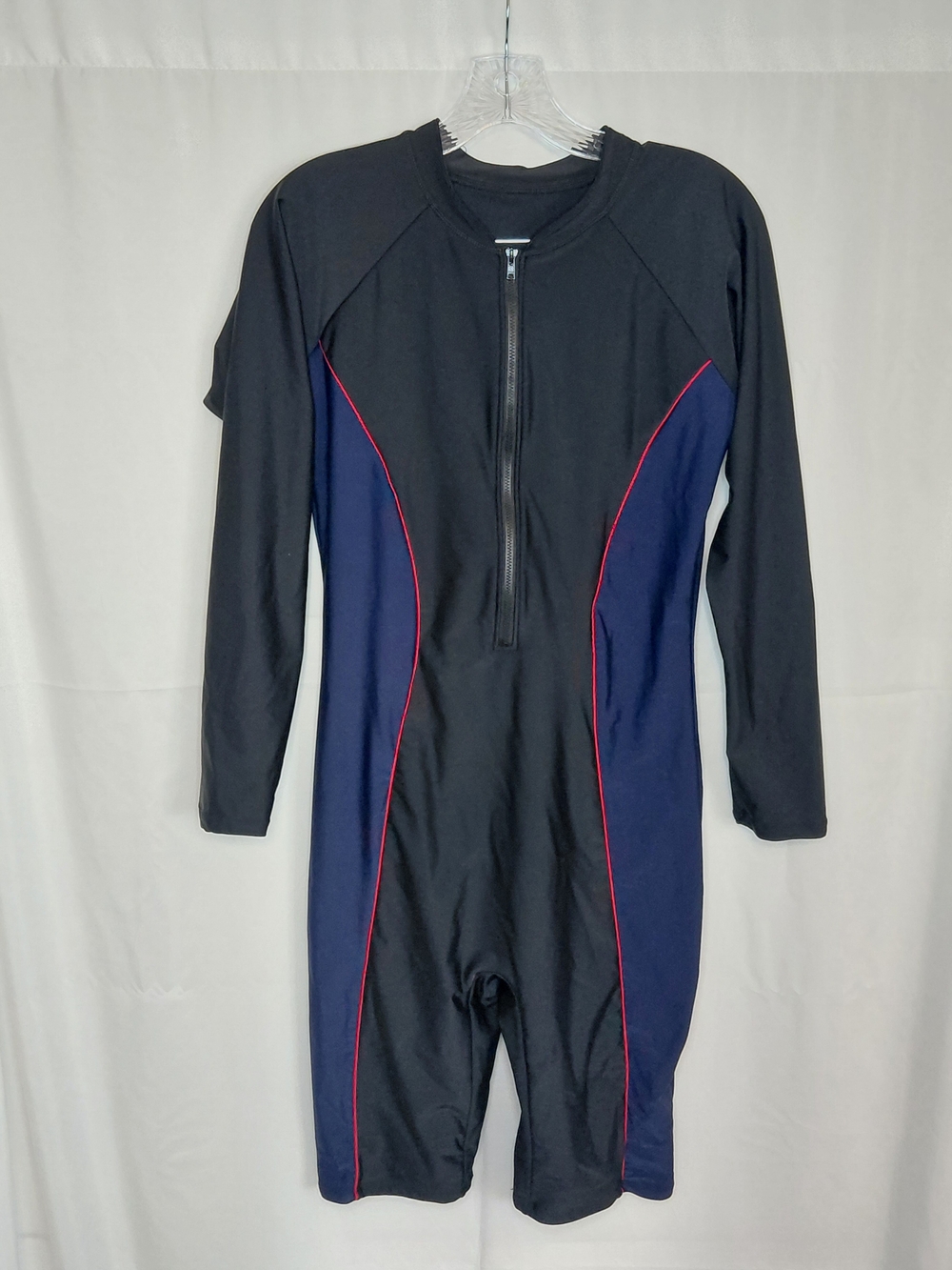 Long-Sleeve One-Piece Swim Suit with Navy Side Panels and Pink Piping